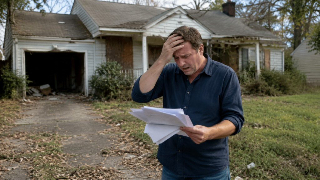 Foreclosure investor reviewing paperwork in distress outside a neglected property with boarded areas, overgrown landscaping, and visible repair issues.