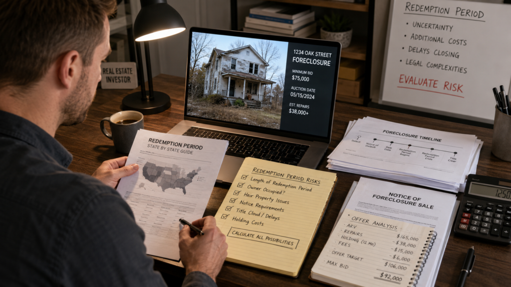 image of a real estate investor reviewing foreclosure redemption period risks before bidding on a distressed property