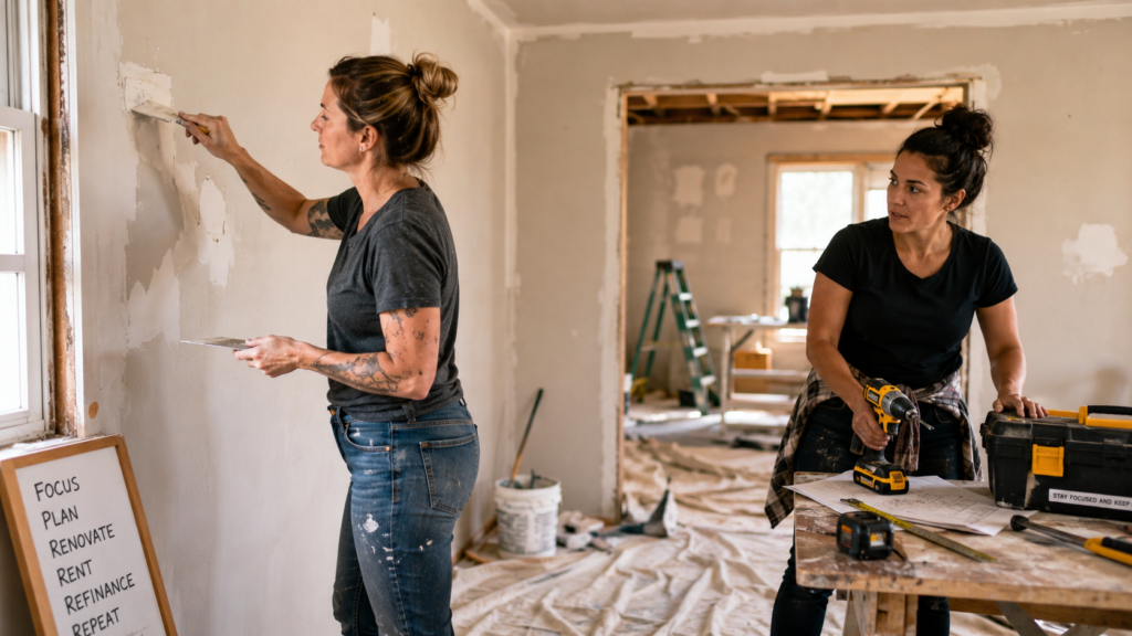 Two female real estate investors repairing a foreclosure property together, with one patching a wall and the other reviewing renovation plans with tools nearby.