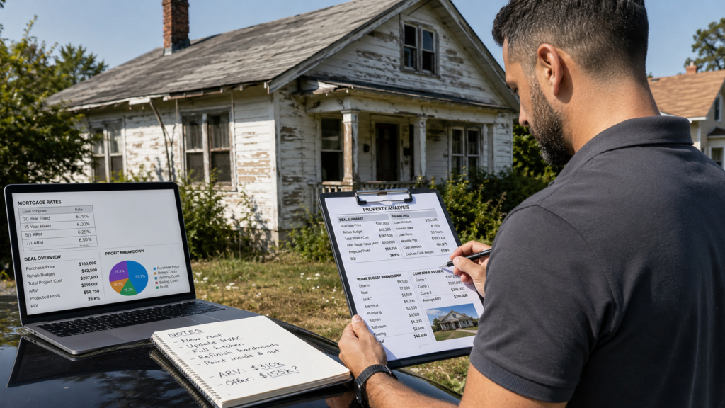 Foreclosure investor reviewing mortgage rates, repair costs, and deal numbers before making an offer on a distressed property.