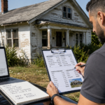 Foreclosure investor reviewing mortgage rates, repair costs, and deal numbers before making an offer on a distressed property.
