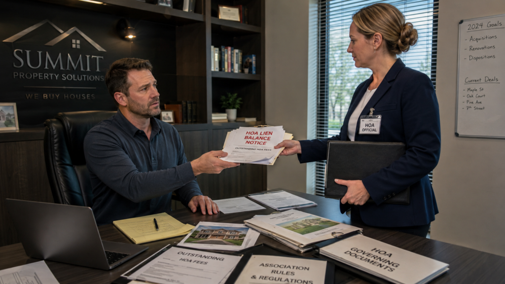 Male foreclosure real estate investor in his office as a female HOA official serves him with a notice of HOA lien balances and association rules.