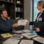 Male foreclosure real estate investor in his office as a female HOA official serves him with a notice of HOA lien balances and association rules.