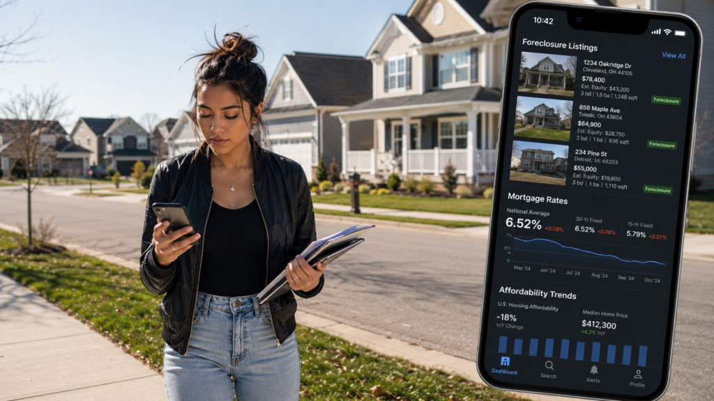 a female Gen Z foreclosure real estate investor reviewing foreclosure listings, mortgage rate data, and housing affordability trends on a smartphone as she walks through a residential subdivision.