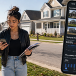 a female Gen Z foreclosure real estate investor reviewing foreclosure listings, mortgage rate data, and housing affordability trends on a smartphone as she walks through a residential subdivision.