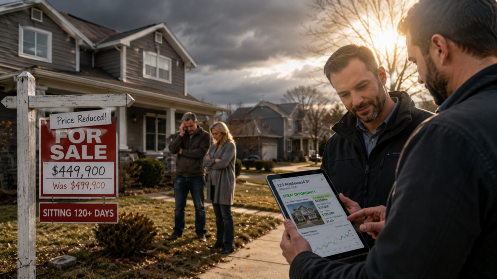 Real estate investors reviewing a property opportunity on a tablet beside a price-reduced home that has been sitting on the market for 120 days.