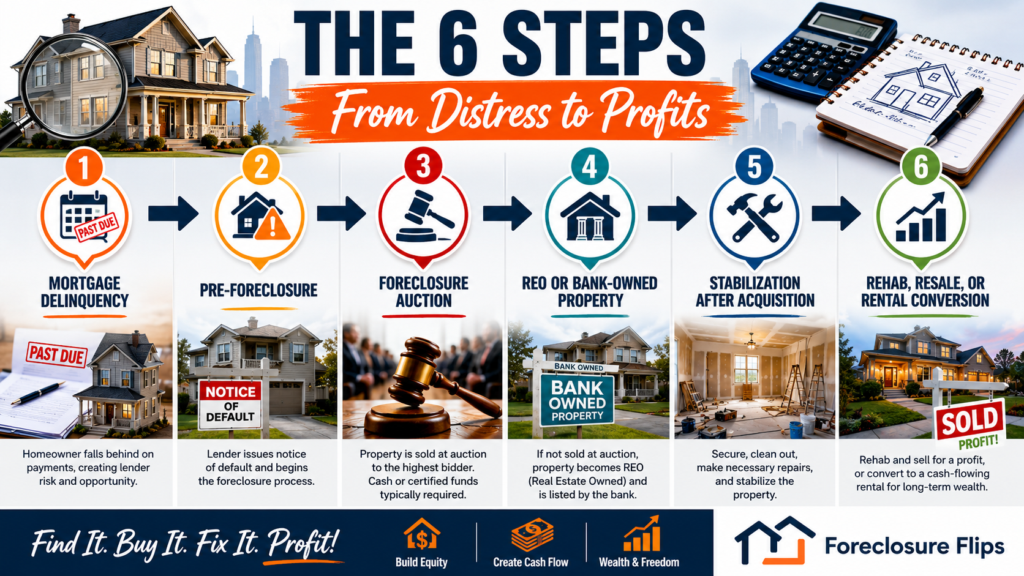 Six-step distressed property investing process showing mortgage delinquency, pre-foreclosure, foreclosure auction, REO property, stabilization, and rehab, resale, or rental conversion.