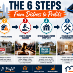 Six-step distressed property investing process showing mortgage delinquency, pre-foreclosure, foreclosure auction, REO property, stabilization, and rehab, resale, or rental conversion.