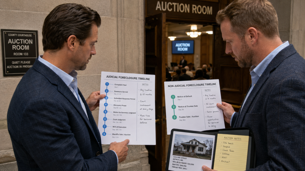Two real estate investors comparing judicial and non-judicial foreclosure timelines before entering the auction room and bidding on a distressed property.
