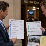 Two real estate investors comparing judicial and non-judicial foreclosure timelines before entering the auction room and bidding on a distressed property.