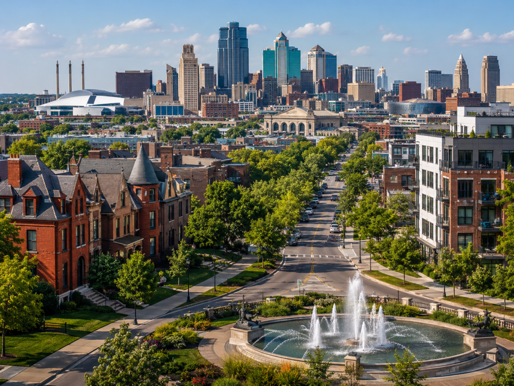 a residential street in Kansas City near a fountain leading to the central business district