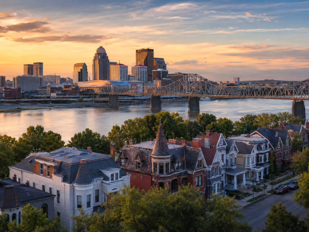 View of residential areas, CBD, and the bridge crossing the river in Louisville, Kentucky.