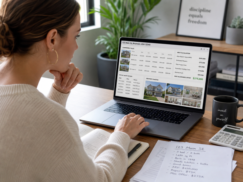 Real estate investor reviewing MLS comps, property photos, sales history, and ARV calculations on a her laptop.