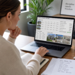 Real estate investor reviewing MLS comps, property photos, sales history, and ARV calculations on a her laptop.