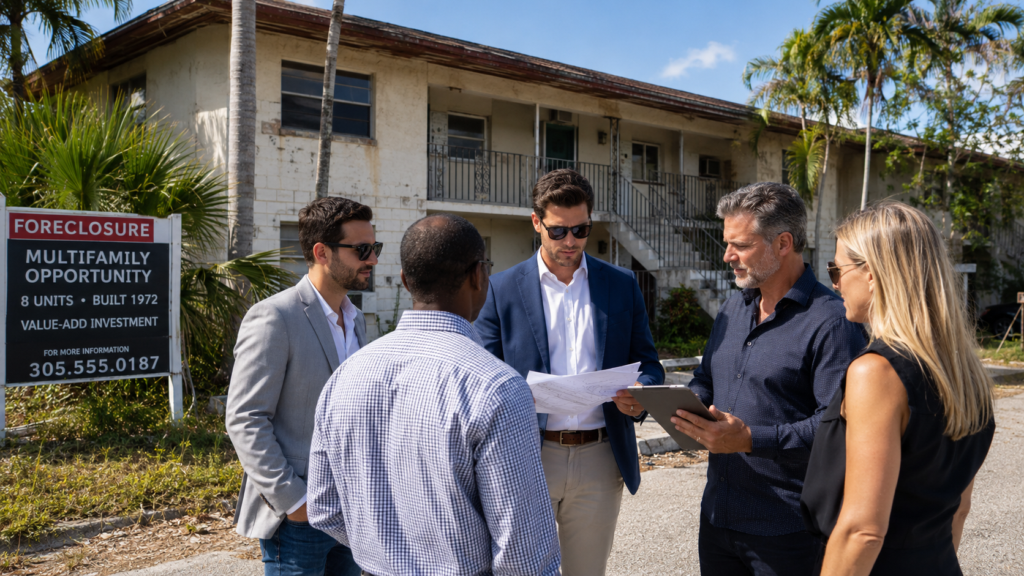 A group of real estate investors standing in front of a multifamily foreclosure in Florida, discussing the deal potential of the property.