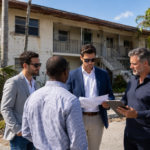 A group of real estate investors standing in front of a multifamily foreclosure in Florida, discussing the deal potential of the property.