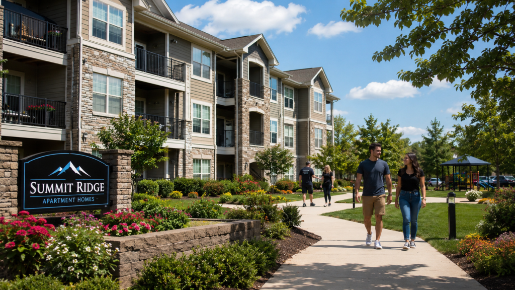 Multifamily apartment building with beautiful landscaping and happy tenants.