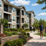 Multifamily apartment building with beautiful landscaping and happy tenants.