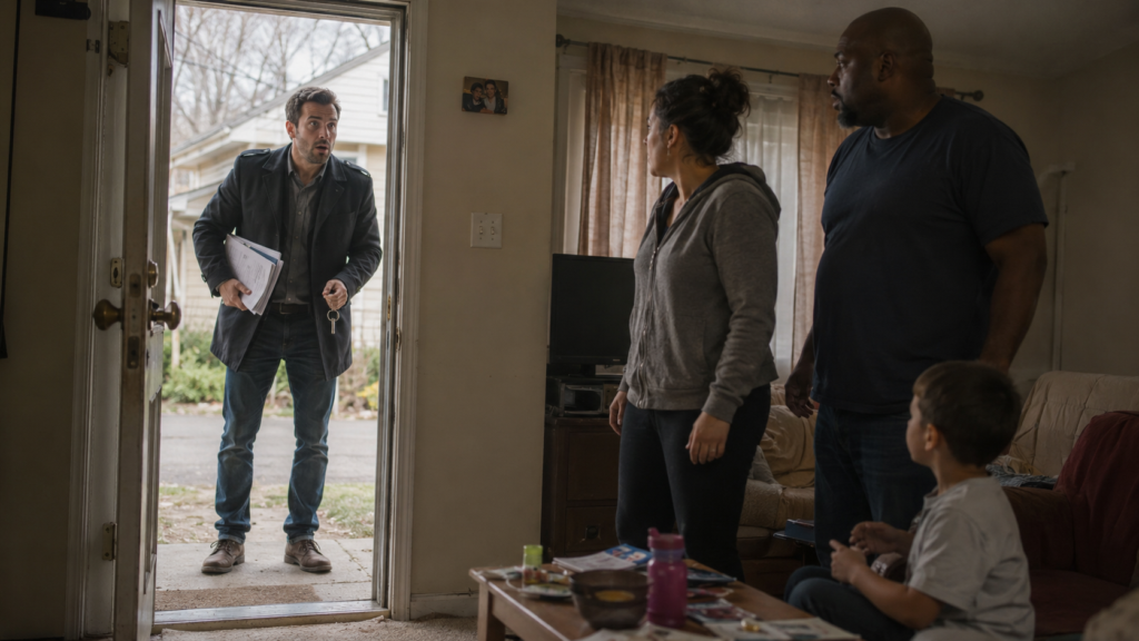 Real estate investor opening the door to a foreclosure home he just purchased and surprised to see that there are tenants inside the home.