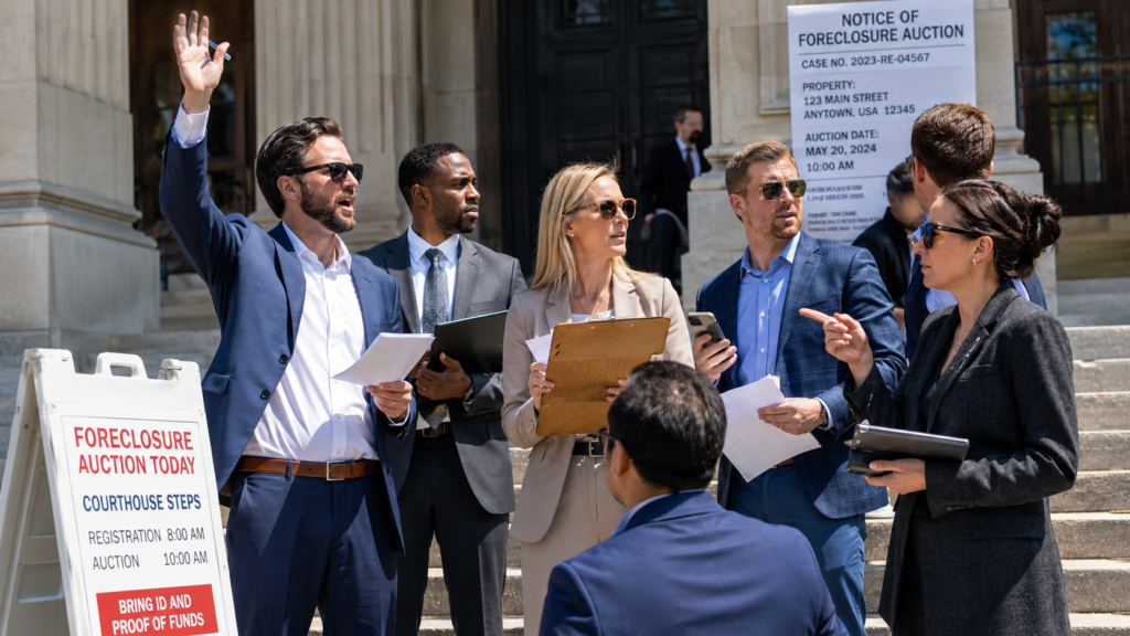 A group of real estate investors on the court house steps bidding on foreclosure properties on a bright sunny day.