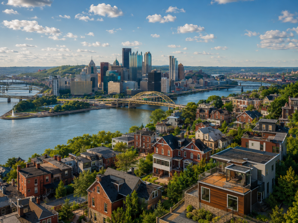 View of Downtown Pittsburgh from a residential area of single family homes across the bridge