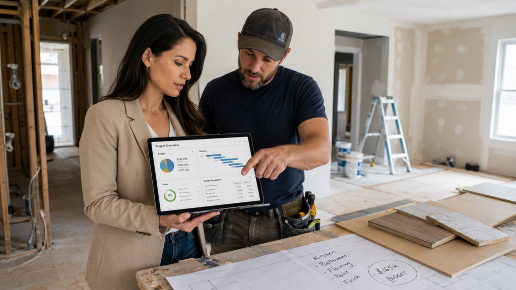 Real estate investor standing inside of a house and reviewing a renovation project dashboard with her contractor for a house flip.