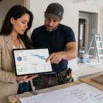 Real estate investor standing inside of a house and reviewing a renovation project dashboard with her contractor for a house flip.