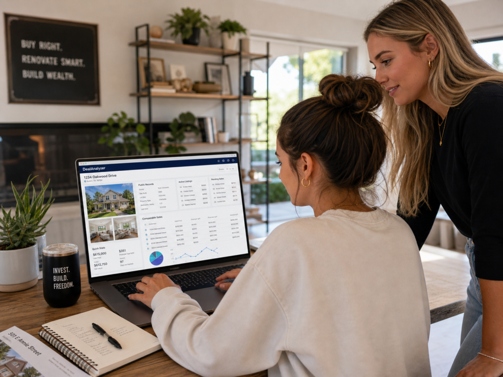 Two Gen Z female real estate investors analyzing real estate comps data with MLS photos, public records, active listings, and pending sales on screen in their home office. One is sitting and the other is looking over her partner's shoulder.
