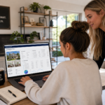 Two Gen Z female real estate investors analyzing real estate comps data with MLS photos, public records, active listings, and pending sales on screen in their home office. One is sitting and the other is looking over her partner's shoulder.