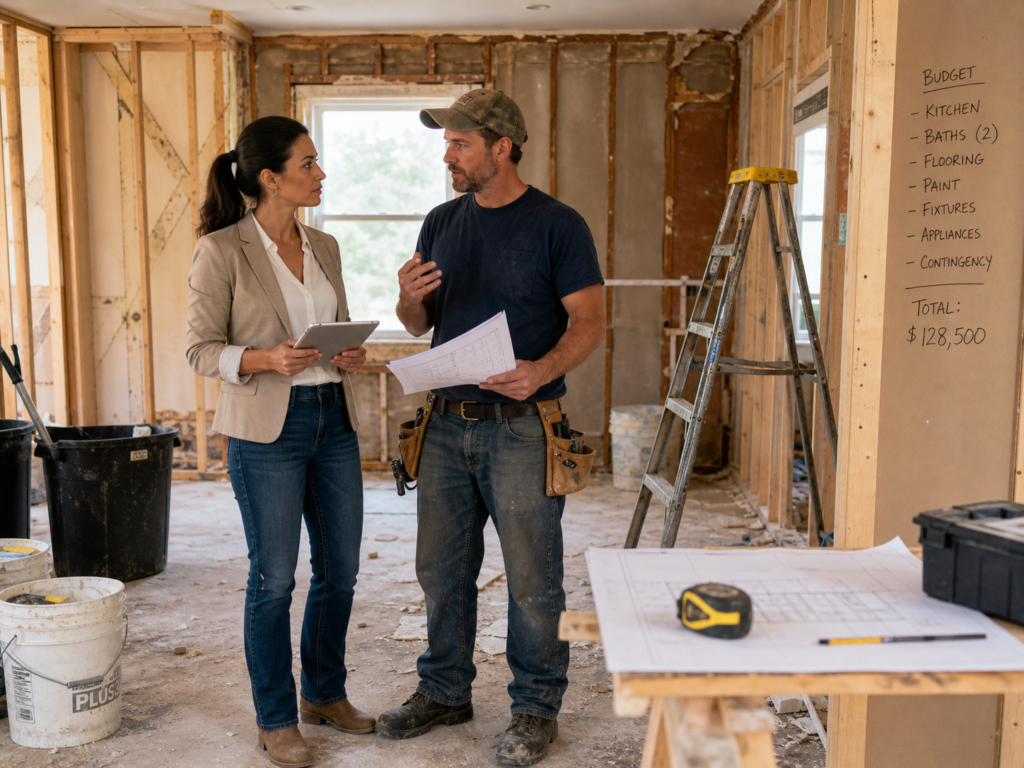 A female real estate investor standing inside a gutted house discussing a renovation budget with her male contractor.