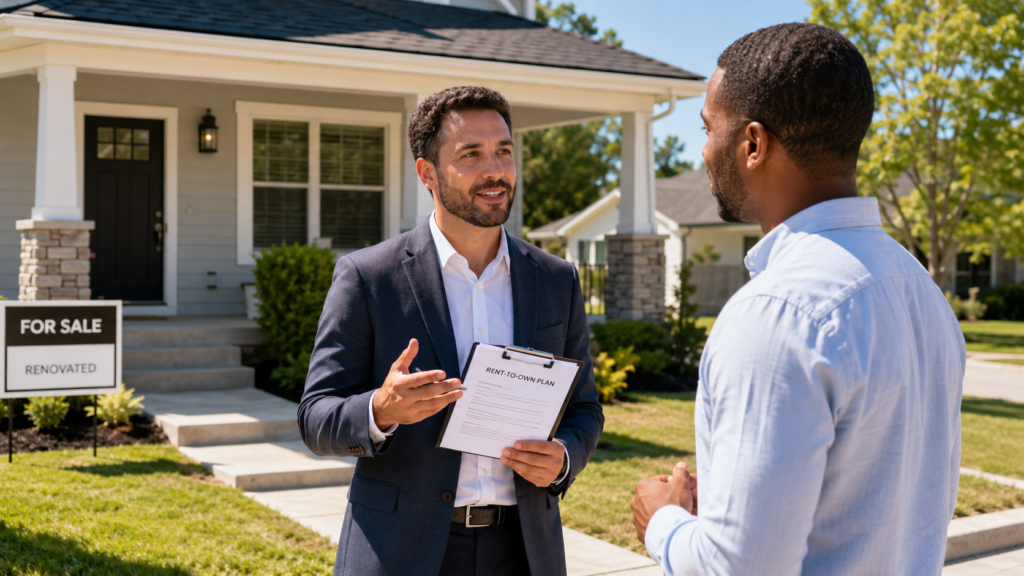 Real estate investor discussing a rent-to-own exit strategy with a future buyer in front of a renovated home.
