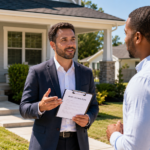 Real estate investor discussing a rent-to-own exit strategy with a future buyer in front of a renovated home.