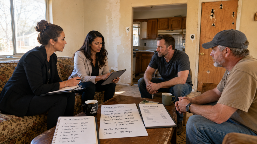 Two female real estate investors meeting with two male sellers in their living room discussing providing seller financing on their property that needs repair.