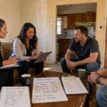 Two female real estate investors meeting with two male sellers in their living room discussing providing seller financing on their property that needs repair.