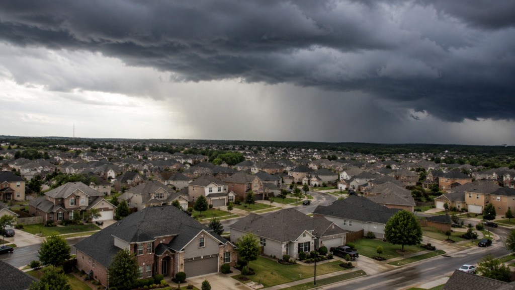 A large suburban housing subdivision with storm clouds overhead.