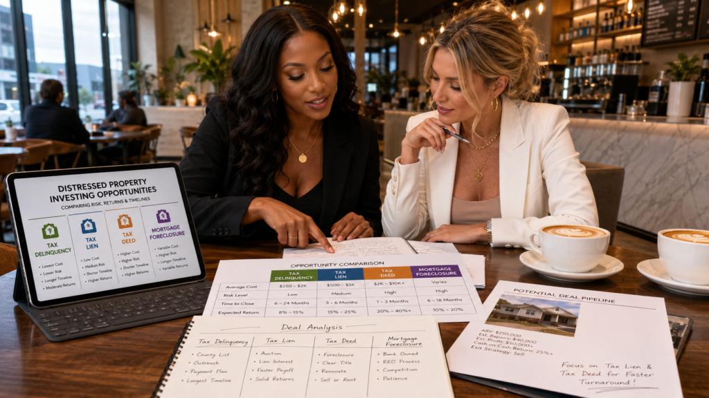 Two fashionably dressed female real estate investors comparing tax delinquency, tax lien, tax deed, and mortgage foreclosure opportunities while having coffee in a trendy cafe.