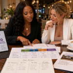Two fashionably dressed female real estate investors comparing tax delinquency, tax lien, tax deed, and mortgage foreclosure opportunities while having coffee in a trendy cafe.