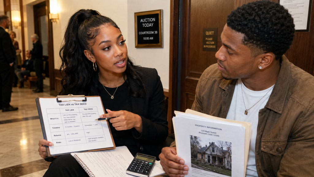 Female Gen Z real estate investor explaining the difference between tax lien and tax deed investing opportunities to her boyfriend before bidding on a distressed property.