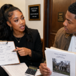 Female Gen Z real estate investor explaining the difference between tax lien and tax deed investing opportunities to her boyfriend before bidding on a distressed property.