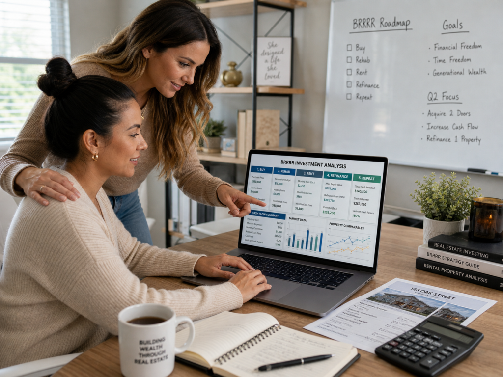 two millennial female real estate investors reviewing rental income, renovation costs, refinance projections, and BRRRR market data on a laptop in their home office