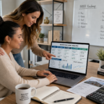 two millennial female real estate investors reviewing rental income, renovation costs, refinance projections, and BRRRR market data on a laptop in their home office