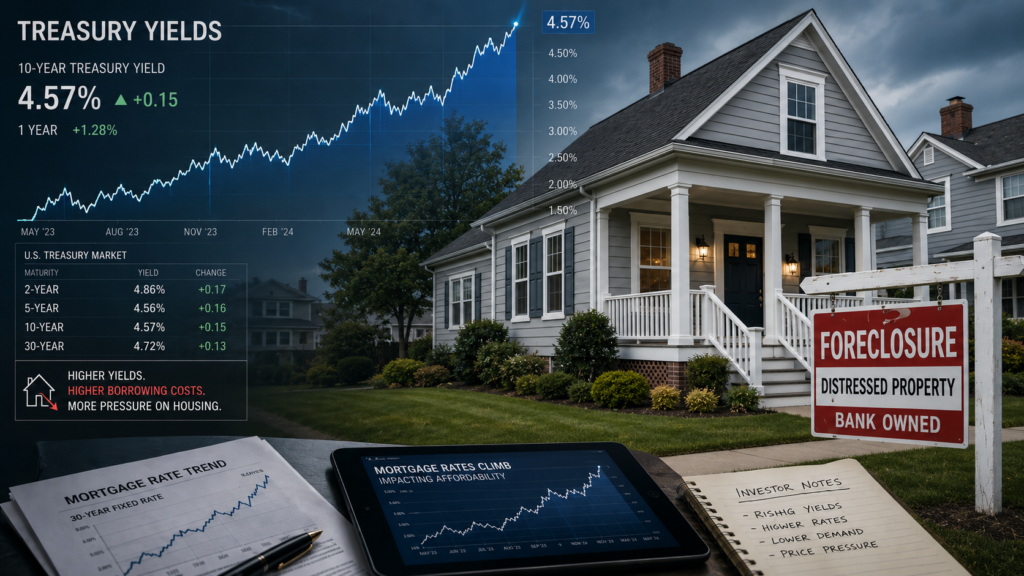 Well-maintained home with a foreclosure sign beside Treasury yield charts, mortgage rate trends, and investor notes on housing market pressure.