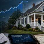 Well-maintained home with a foreclosure sign beside Treasury yield charts, mortgage rate trends, and investor notes on housing market pressure.