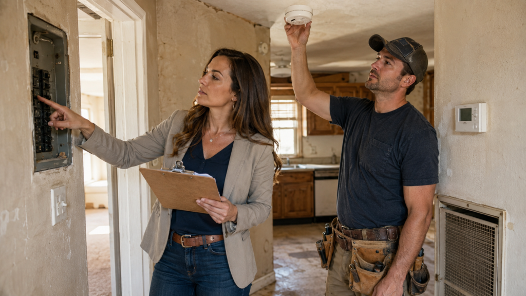 Millennial female real estate investor checking utilities and safety systems after buying a foreclosure property along with her handyman.