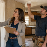 Millennial female real estate investor checking utilities and safety systems after buying a foreclosure property along with her handyman.