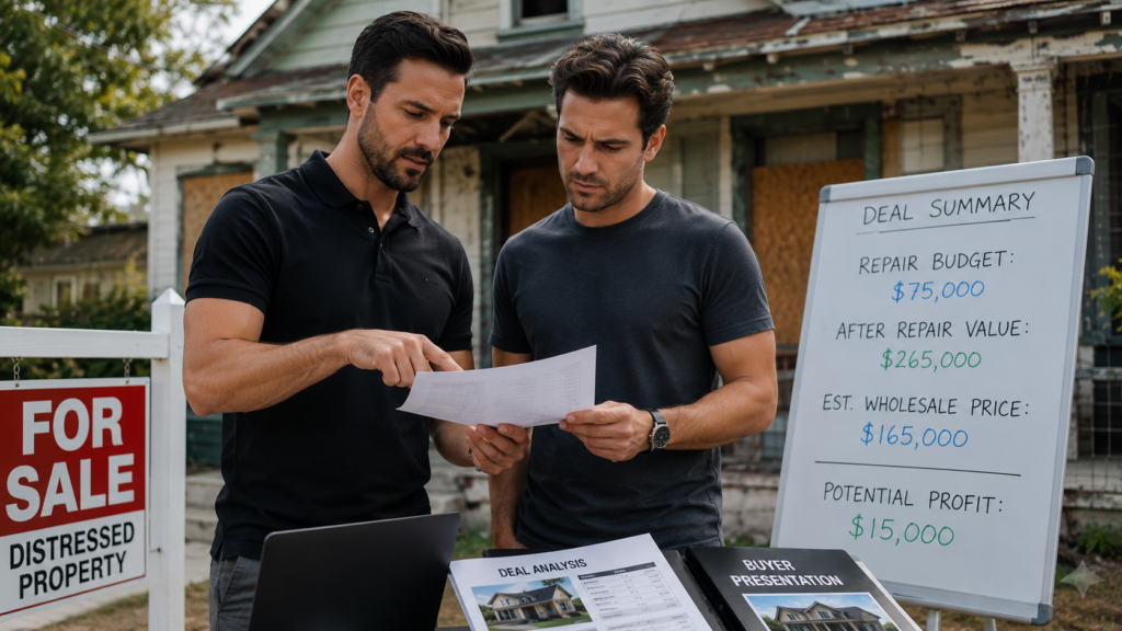 Real estate wholesaler standing in front of a distressed property deal with his business partner, analyzing repair budget, ARV, and buyer presentation.