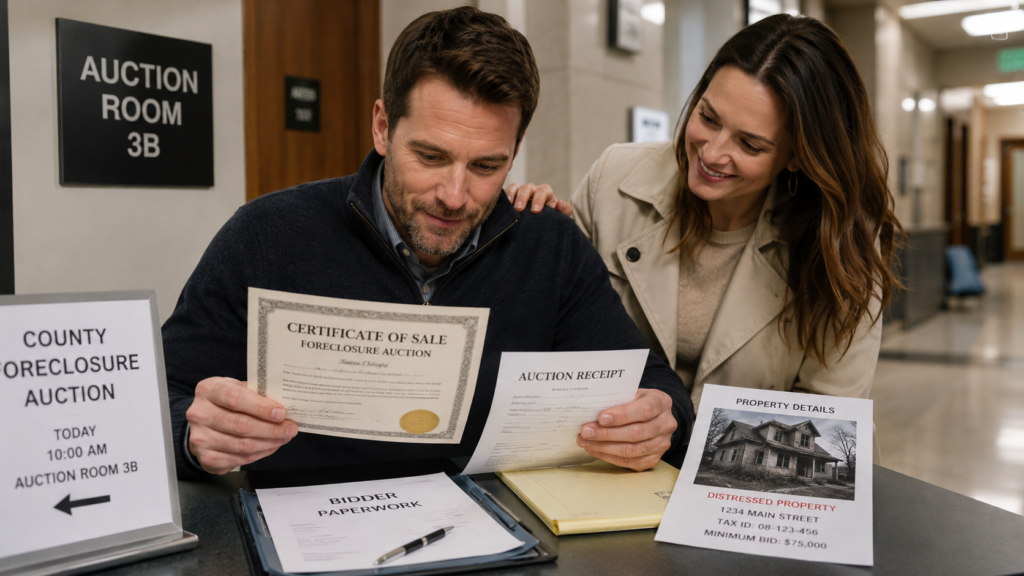 Real estate investor reviewing post-auction documents after winning a foreclosure auction as his smiling wife pats him on the shoulder.