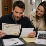 Real estate investor reviewing post-auction documents after winning a foreclosure auction as his smiling wife pats him on the shoulder.