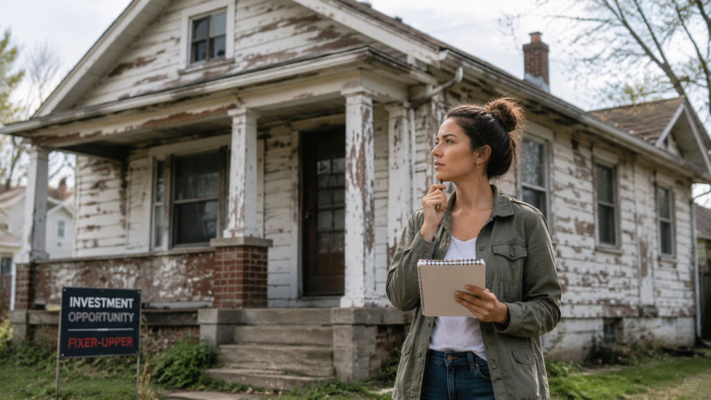 A millennial female real estate investor standing in front of a weathered, distressed residential house with a thoughtful and analytical expression. The property shows visible signs of neglect, such as peeling paint and a worn exterior, characteristic of a budget investment fixer-upper. The scene is captured in natural daylight, emphasizing the textures of the aged building and the contemplative mood of the woman as she evaluates the property's potential.