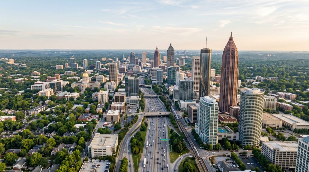 A wide-angle aerial view of the Atlanta metropolitan skyline, featuring iconic skyscrapers like the Bank of America Plaza and the cylindrical Westin Peachtree Plaza rising above the urban center. The dense city landscape is interwoven with the lush green tree canopies characteristic of the region, while the sprawling interstate highway system below is filled with the steady flow of daytime traffic. The scene is captured in the clear, natural light of a late afternoon, highlighting the varied architectural textures of glass, steel, and concrete against a soft, vast sky.